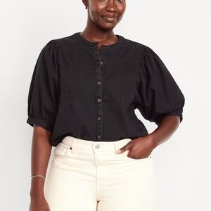 Puff Sleeve Button Down Cropped Black Denim Shirt Old Navy Gap Office Wear XXL